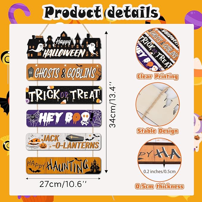 CHDITB Happy Halloween Wooden Sign, Spooky Ghosts Goblins Wood Hanging Plaque, Halloween Front Door Sign, Festive Wall Art Sign Hanger, Seasonal Holiday Wall Decor for Outdoor Porch Yard Party Decor
