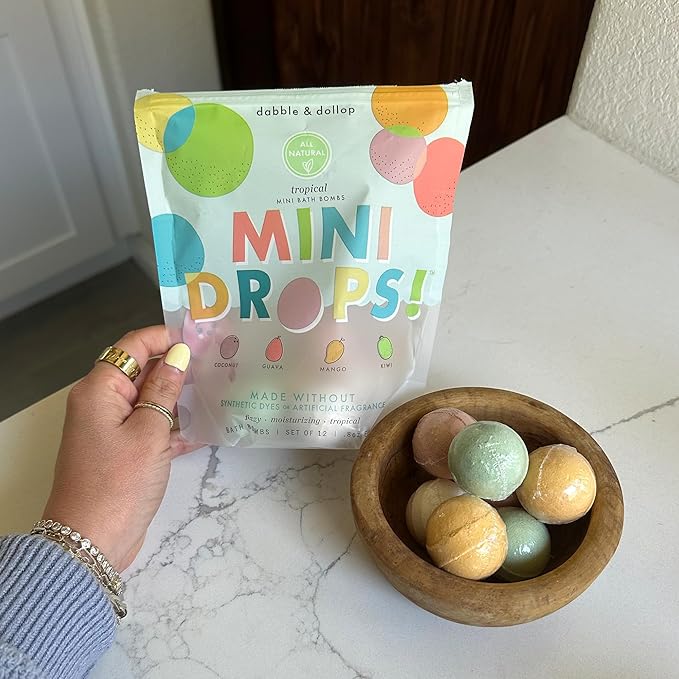 Dabble & Dollop Mini Bath Bombs, 100% Natural Droplets for Kids, Tropical Scents - Resealable Pouches, Fizzy, Moisturizing & Fun, Vegan, Gluten-Free, Cruelty-Free (Set of 24)