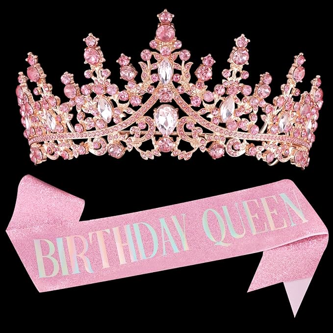 COCIDE Pink Birthday Queen Sash for Women Happy Birthday Crowns Princess Tiaras Sashes for Girl Crystal Party Decorations Rhinestone Headband Supplies Decor