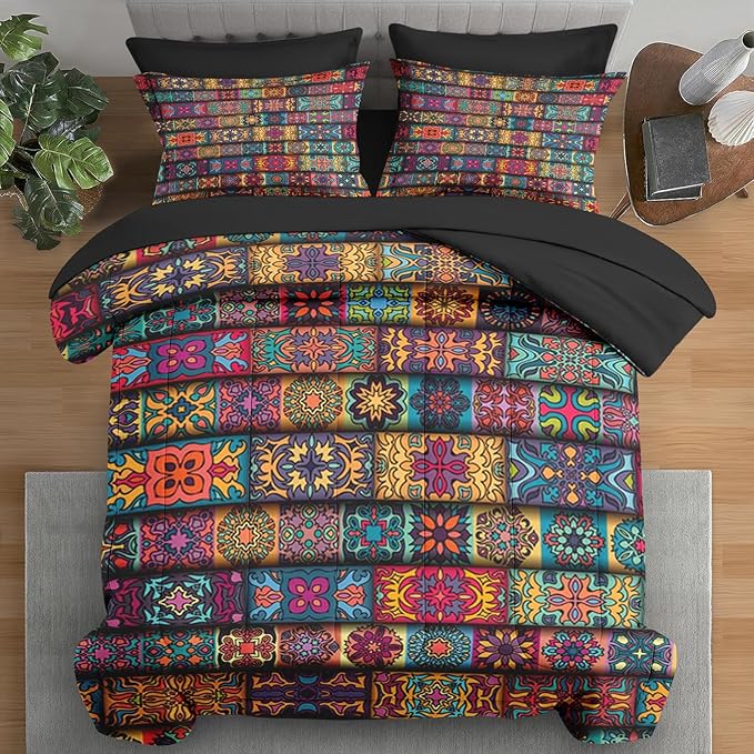 Comforter Set Full Size, Mexico Colorful Mandala Vintage 7 Pcs Bedding for Kids and Adults, Bohemian Flower Bed Sheet Sets with Fitted Sheet 2 Pillowcases & 2 Shams for Bedroom Bed Decor