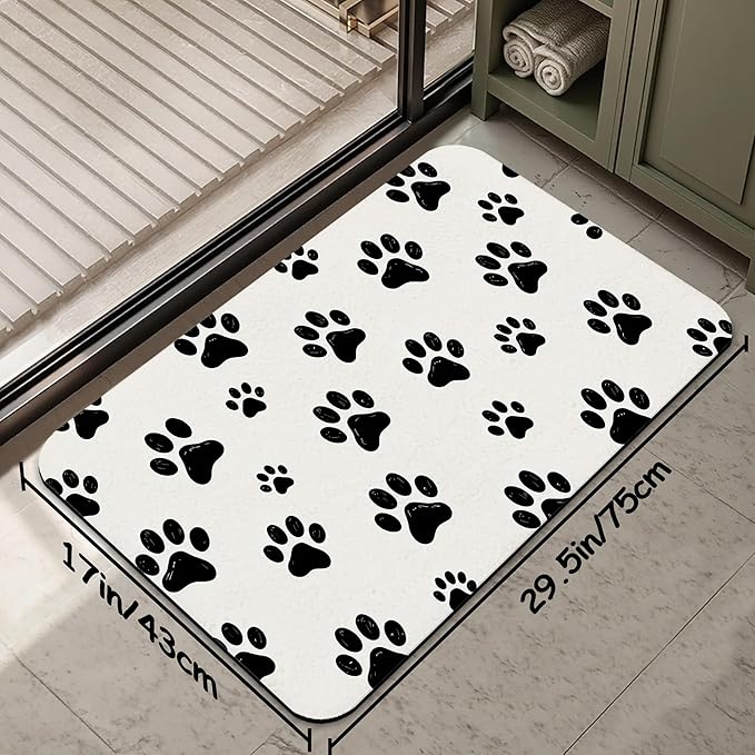 Black White Dog Paws Bath Mat 29.5"x17",Slim Low-Profile Fast Drying Super Absorbent Bathroom Rug with Non-Slip Backing, Easy-Clean Modern Floor Mat for Tub, Shower, or Entryway