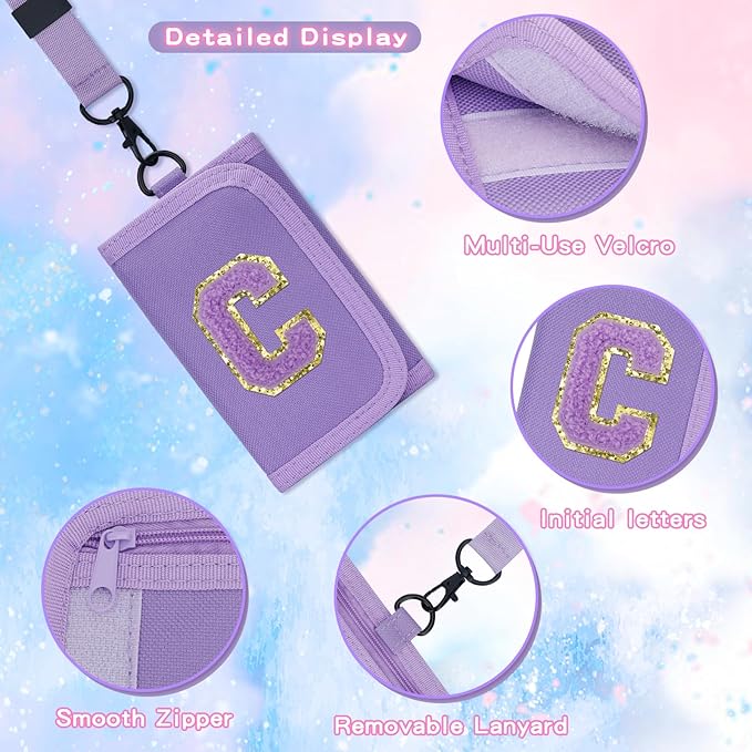 Gifts for Girls 3 4 5 6 7 8 9 10 11 12 Years Old Kids Wallet Cute Initial Coin Purse Toddler Wallet with Magic Sticker (Purple, C)