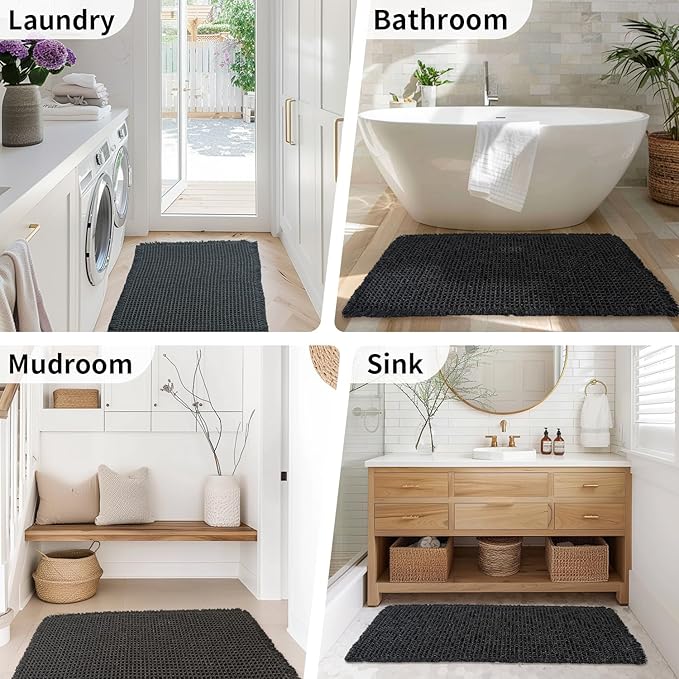 Black Bathroom Rug - Waffle Bath Mat Non Slip Washable, Super Absorbent & Quick Dry, Small Boho Bath Mat Farmhouse Bathroom Decor, 18'' x 30'', Black