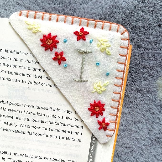 Personalized Hand Embroidered Corner Bookmark, Cute Flower Book Mark, Hand Stitch Gift for Women Book Lovers by HNQCPCVU (White)