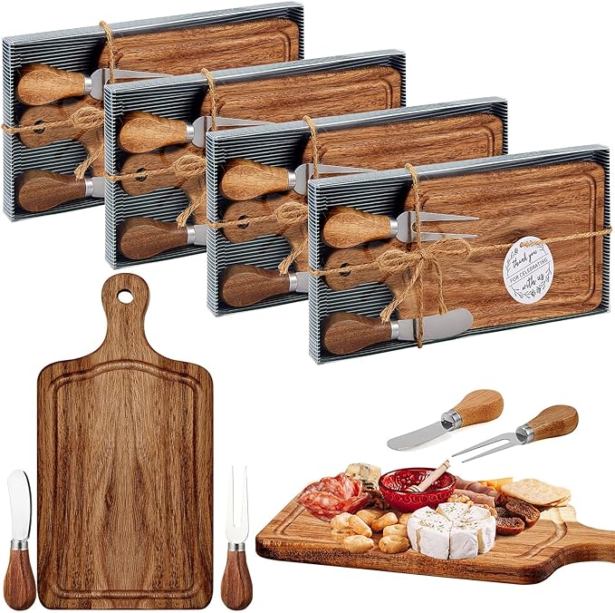 4 Set Bridal Baby Shower Cheese Prizes Wooden Square Board Gift Set Knives Forks Thank You Tags with Box for Guests for Valentines Bridal Baby Shower Housewarming Gifts (Acacia Color)