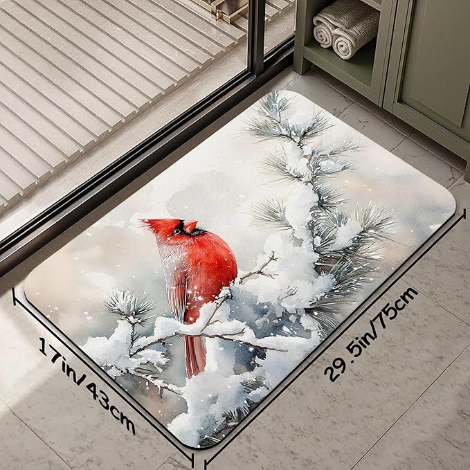 Cardinal Bird Bathroom Rug 29.5"x17", Winter Flowers Quick-Drying Super Absorbent Diatomite Bath Mat with Non-Slip Backing, Thin Washable Bathroom Floor Mat Fits Under Door for Shower, Sink, or Tub