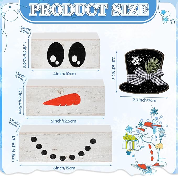 4 Pcs Winter Table Decoration Wooden Snowman Decor Black and White Winter Tiered Tray Decor Rustic Snowman Face Wood Block Sign Gift Christmas Centerpiece Farmhouse for Wonderland Home
