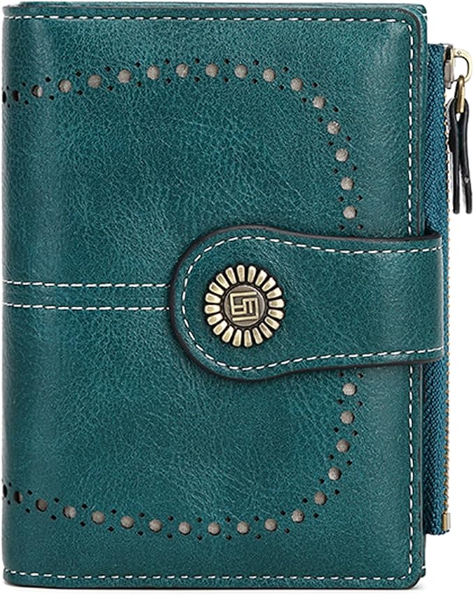 Women's Small Genuine Leather Bifold Wallet Large Capacity RFID Blocking with 16 Card Slots 2 ID Windows and Zipper Coin Pocket Pink (Peacock Blue)