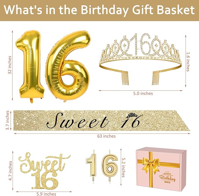 16th Birthday Decorations for Girls Gold with Sweet 16 Sash and Tiara, Cake Topper and Candles, Number Balloons, Sweet 16 Party Decoration Gifts