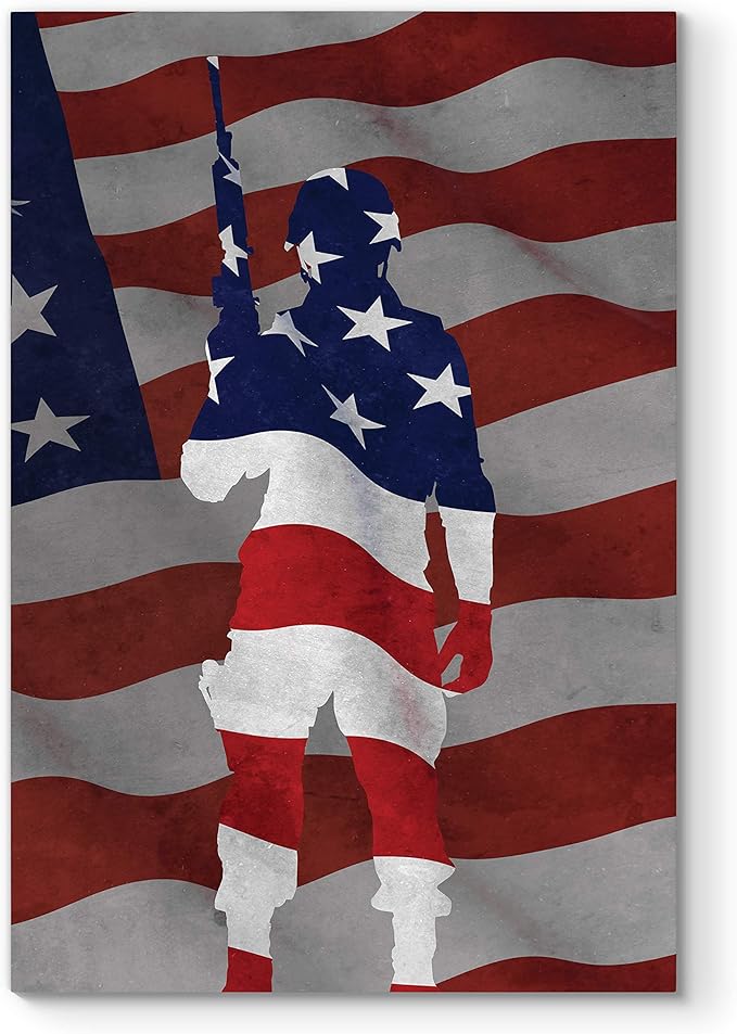 Renditions Gallery Canvas Patriotic Wall Art Paintings & Prints Artwork Proud Flag Draped Veteran Modern American Soldier Wall Hanging Decor for Dining Room Office Kitchen - 30"x40" LT25