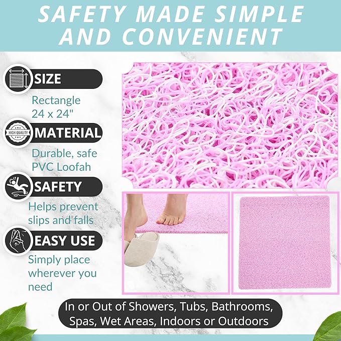 Enkosi Loofah Shower Mat Non-Slip - Anti-Slip Bath Mat for Inside Showers, Tub, Bathtub, Bathroom - Quick Dry PVC with Drain Holes - Cushioned Safety Grip - Secure for Kids and Elderly (Pink 24x24)