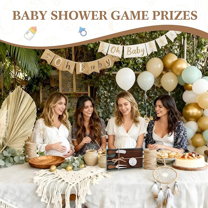 1 Set Bridal Baby Shower Cheese Prizes Wooden Square Board Gift Set Knives Forks Thank You Tags with Box for Guests for Valentines Bridal Baby Shower Housewarming (Walnut Wood)