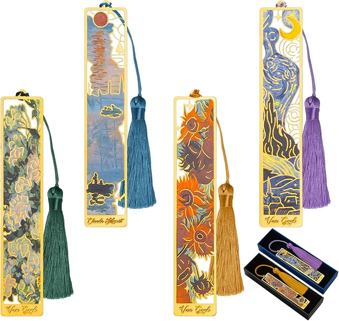 4pcs Elegant Metal Bookmarks with Tassel, Oil Painting Theme Vintage Bookmarks mit Gift Box,Golden Hollow,Fancy Aesthetic Page Holder Thank You Gifts for Teacher Readers Women Men Friends