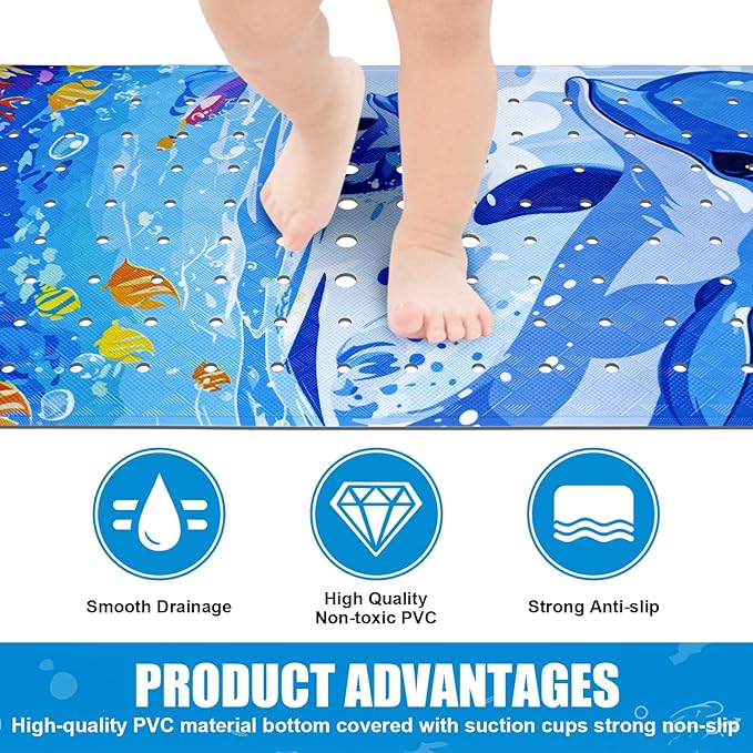 Vanleonet Baby Bathtub Mat Non Slip, 40''x16'' Extra Long Bathtub Mat Non Slip for Kids, Cartoon Shower Mat Anti Slip with Suction Cups & Drain Holes, Machine Washable, Dolphin