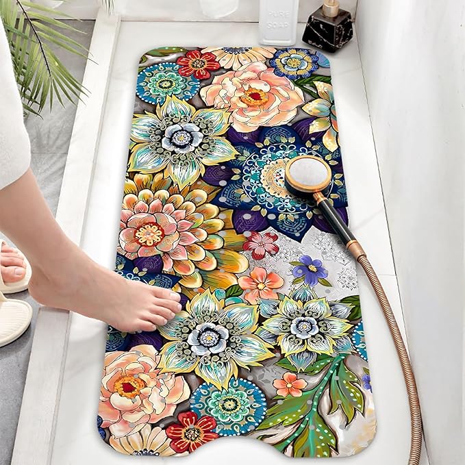 Bathtub Mat Non Slip, Bohemia Extra Long Bath tub Mat Shower Floor Mat with Suction Cups and Drain Holes for Adults Kids Elderly 40 X 16 Inch