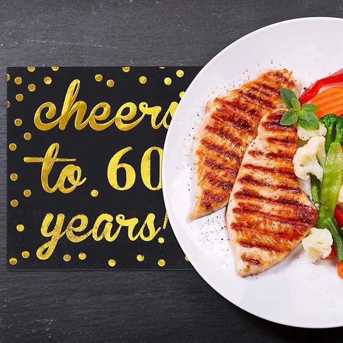 Elcoho 60 Pack Cocktail Napkins 60th Birthday Decorations Luncheon Napkins for Birthday, Anniversary Party Supplies (60th Anniversary)