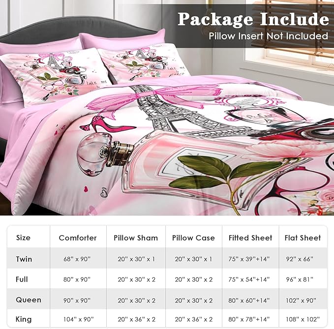 7 Pcs Comforter Set Full Size, Paris Teen Girls Pink Bedding for Kids and Adults, Cute Makeup Perfume Bed Sheet Sets with Fitted Sheet 2 Pillowcases & 2 Shams for Bedroom Bed Decor