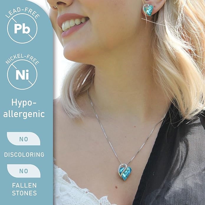 Leafael Valentine's Day Gift Necklaces for Women, Infinity Love Birthstone Heart Crystal Pendant, Birthday Anniversary Jewelry for Wife, Mom, and Her, Silver Plated, 18" + 2" Adjustable Chain