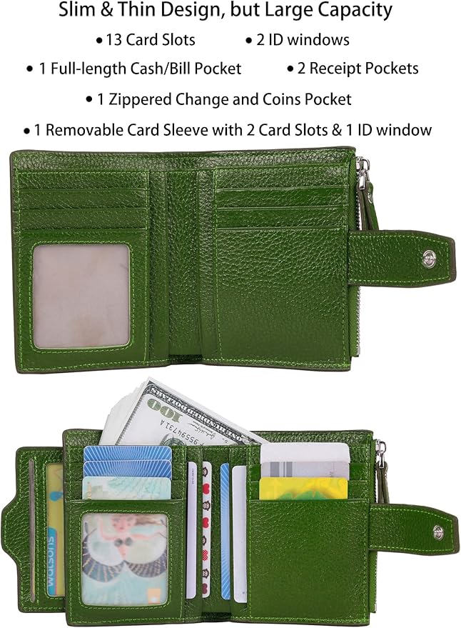 AINIMOER Women's RFID Blocking Leather Small Compact Bi-fold Zipper Pocket Wallet Card Case Purse with id Window