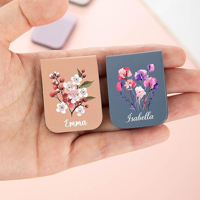 callie Personalized Magnet Bookmark Clips - Custom Birth Flower & Name, Leather Magnetic Book Page Marks for Reading, Gifts for Women Men Book Lovers