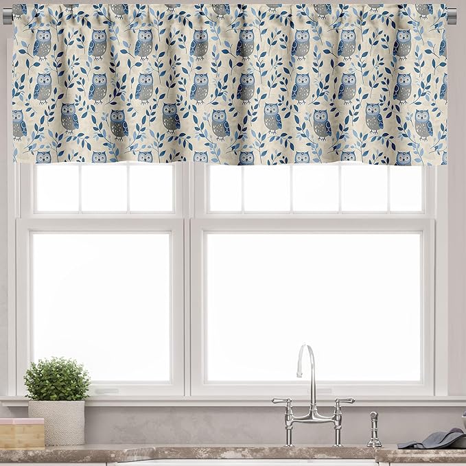 Ambesonne Owl Window Valance, Simple Design Classic Oriental Night Birds Pattern Leafy Ornaments Print, Curtain Valance for Kitchen Bedroom Decor with Rod Pocket, 54" X 18", Dark Night Blue and Beige