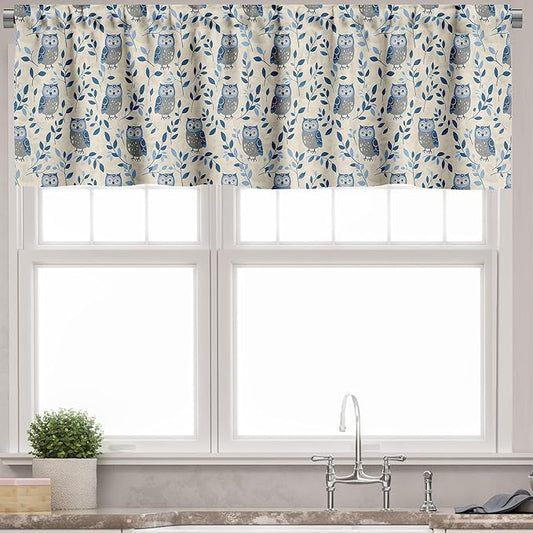 Ambesonne Owl Window Valance, Simple Design Classic Oriental Night Birds Pattern Leafy Ornaments Print, Curtain Valance for Kitchen Bedroom Decor with Rod Pocket, 42" x 18", Dark Night Blue and Beige