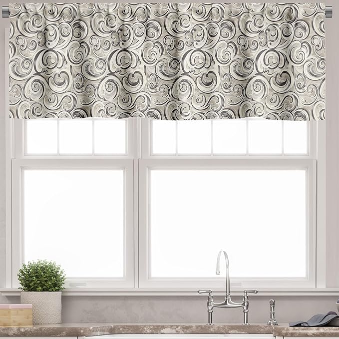 Ambesonne Abstract Window Valance, Modern Interpretation Victorian Curlicue Leafy Stripes Nude Tones, Curtain Valance for Kitchen Bedroom Decor with Rod Pocket, 42" x 18", Dusk Dark Taupe Off White
