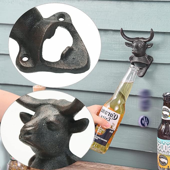Sungmor Wall Mounted Bottle Opener, Cast Iron Cool Bull Head Bottle Opener, Beer Coke Beverage Bottle Cap Opener, Vintage Rustic Style Wall Hanging Opener, Bar Farmhouse Wall Ornament, Practical Gift