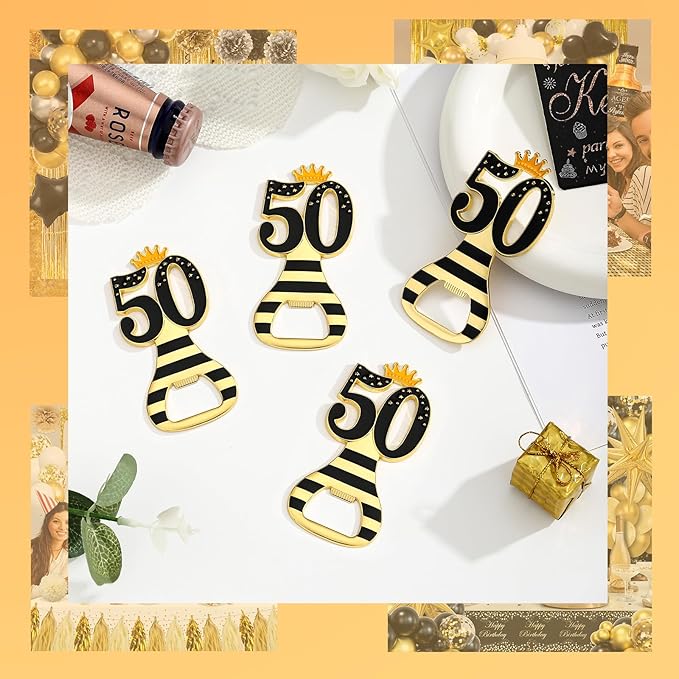 24pcs 50th Gold Keychain Bottle Opener 50th Birthday Party Favors, 50 Keychain Beer Bottle Opener Favors Anniversary Souvenirs Return Gifts for Guests Party Decor Supplies (black 50)