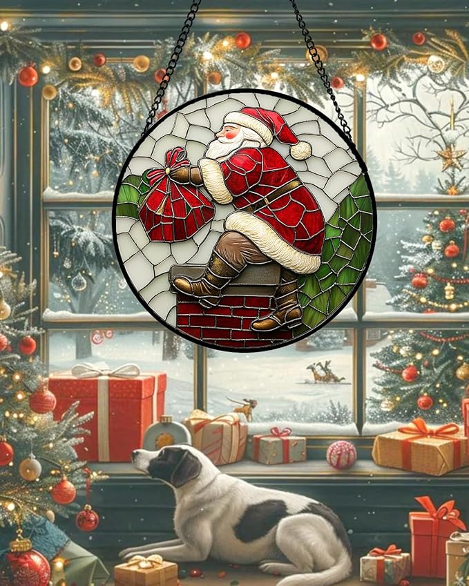 Stained Glass Window Hangings - Santa Claus Climbing The Chimney Suncatcher for Door Home Christmas Decor Sun Catcher Thanksgiving New Year Birthday Gifts for Women Men Mom Nana 11.8 in