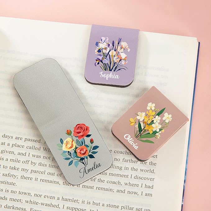 callie Personalized Magnet Bookmark Clips - Custom Birth Flower & Name, Leather Magnetic Book Page Marks for Reading, Gifts for Women Men Book Lovers
