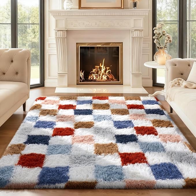 Ophanie Checkered Rainbow Rug for Living Room Bedroom, Colorful Fluffy Soft Cute Fuzzy Area Rugs, Shag Plush Shaggy Bedside Floor 4x6 Furry Carpet for Kids Baby Teen Dorm Nursery Home Decor Aesthetic