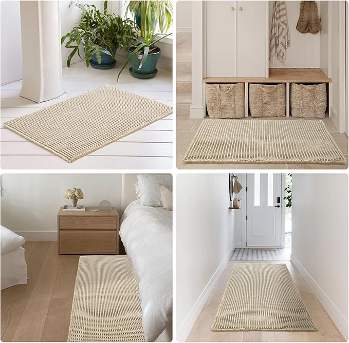 Pale Beige Long Bathroom Rug, Waffle Runner Rug Bathroom Non Slip Washable Super Absorbent Quick Dry Boho Farmhouse Bath Mat, 60''x24'' Pale Beige