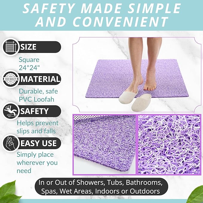 Enkosi Loofah Shower Mat Non-Slip - Anti-Slip Bath Mat for Inside Showers, Tub, Bathtub, Bathroom - Quick Dry PVC with Drain Holes - Cushioned Safety Grip - Secure for Kids and Elderly (Purple 24x24)