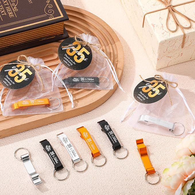 Dandat 54 Sets 35th Birthday Party Favors for Guests Birthday Beer Opener Keychain Cheers to 35 Bottle Opener Keychain with Thank You Cards and Gift Bags for Anniversary Wedding Party Favors