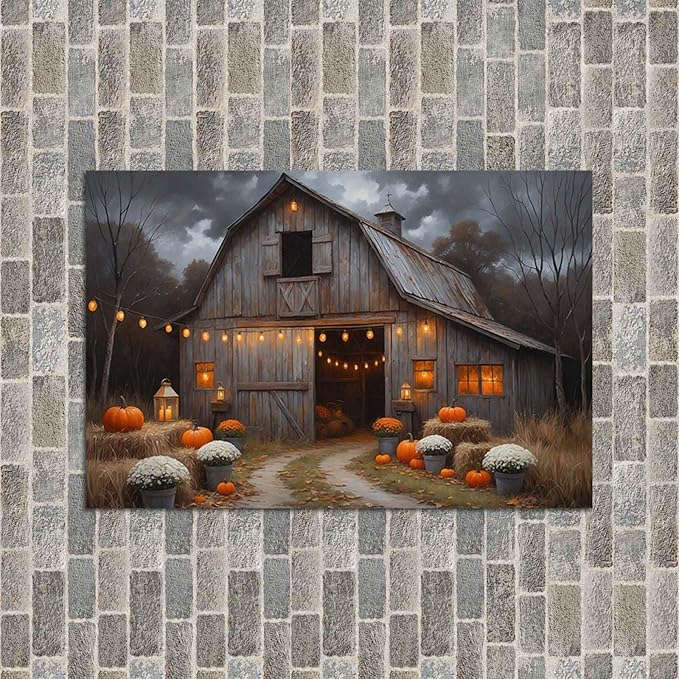 Vintage pumpkin hydrangea barn print abstract nature country artwork home decor farmhouse canvas poster28x40in(70x100cm)- Unframed