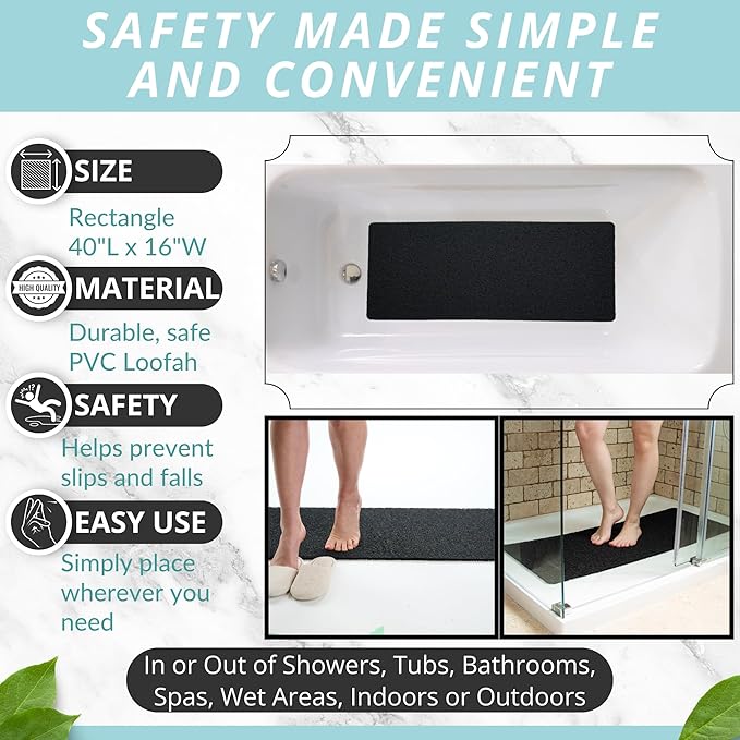 Non Slip Bathtub Mat Shower Mat for Tub - Loofah Bath Mats for Bathroom - 40x16 Bathtub Floor Mat - Textured Anti Slip Bath Mat Without Suction Cups - Secure Mat for Wet Areas (40x16 Black)