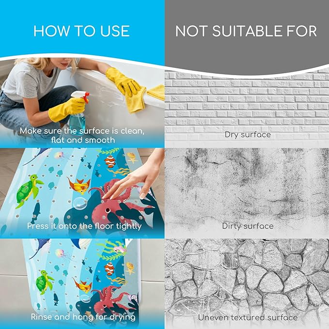 Baby Bath Mat for Tub, Non Slip Kids Bath Shower Mat, 40 X 16 Inch Large Bathtub Mat with Drain Holes and Suction Cups for Toddlers, Machine Washable and Waterproof (Whale)