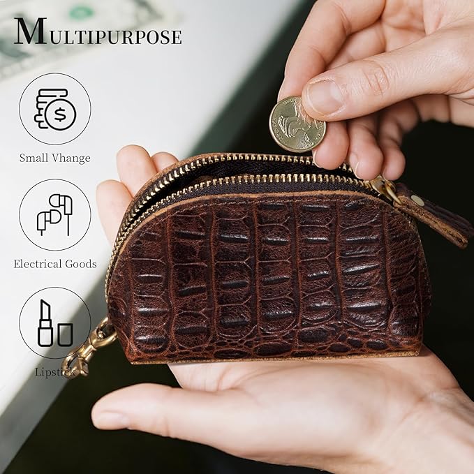 Gexmil Genuine Leather Coin Purse with Zipper, Full Grain Leather, Mini Coin Pouch for Women Men, Change Wallet,Crocodile Brown