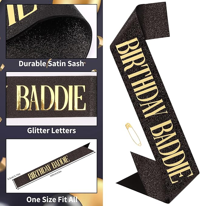 Canitor Birthday Baddie Sash Crown Set Birthday Gifts Party Favors Supplies Decorations & Accessories for Women Girl Adult Dress Outfits Rhinestone Tiara Headband Soft Satin Sash