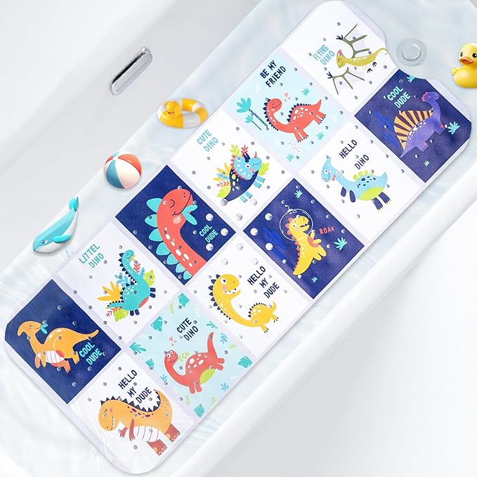 Kids Bath Mat with Ocean Theme Design, 40x16 inches, Non-Slip with 200 Suction Cups, Cartoon Sea Animals Pattern (Dinosaur, 40 * 16in)