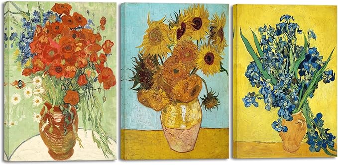 Wieco Art 3 Panels Canvas Prints of Vincent Van Gogh Paintings Reproduction Red Poppies and Daisies Irises in Vase Sunflower Canvas Wall Art for Living Room Home Office Decor