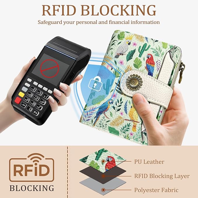 Flamingo Parrot Wallet Women Small RFID Blocking Bifold, Credit Card Holder, Zipper Coin Pocket, Cute, PU Leather, Compact, Travel, 14 Card Slots, Cash Purse, Ladies Woman Female Girls