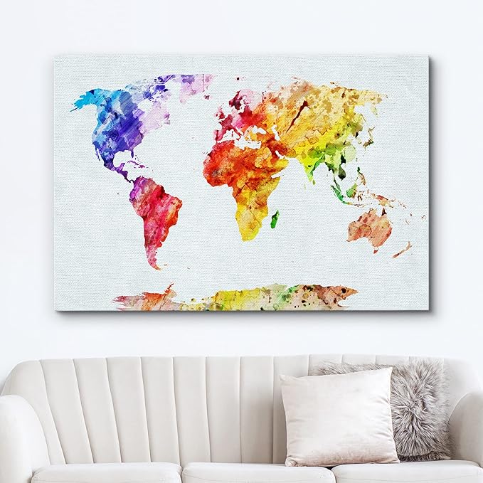 wall26 Canvas Print Wall Art Watercolor Style Rainbow Streak World Map Architecture & Maps Cultural Illustrations Modern Art Traditional Multicolor for Living Room, Bedroom, Office - 24"x36"