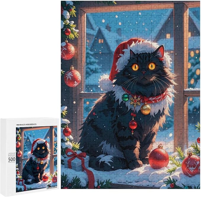 Jigsaw Puzzles for Adults 500 Piece - Christmas Black Cat Wooden Puzzles, Unique Gifts for Wall Art，Family Puzzles，Educational Games，Challenge Puzzles