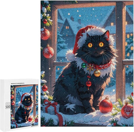 Jigsaw Puzzles for Adults 500 Piece - Christmas Black Cat Wooden Puzzles, Unique Gifts for Wall Art，Family Puzzles，Educational Games，Challenge Puzzles