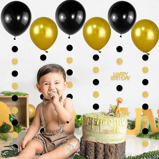Gold and Black Happy Birthday Decorations, 6PCS Glittery Circle Dots Garland and 6PCS Gold/Black Balloons for Birthday Party Decor Balloon Tails