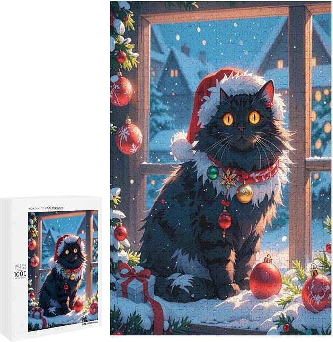 Jigsaw Puzzles for Adults 1000 Piece - Christmas Black Cat Wooden Puzzles, Unique Gifts for Wall Art，Family Puzzles，Educational Games，Challenge Puzzles