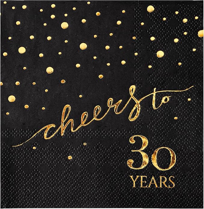 100 Pack of 30th Birthday Napkins, Cheers to 30 Cocktail 5x5 Inches Party Paper Napkins for Birthday Decorations Wedding Anniversary Black and Gold, 3-Ply