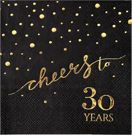 100 Pack of 30th Birthday Napkins, Cheers to 30 Cocktail 5x5 Inches Party Paper Napkins for Birthday Decorations Wedding Anniversary Black and Gold, 3-Ply